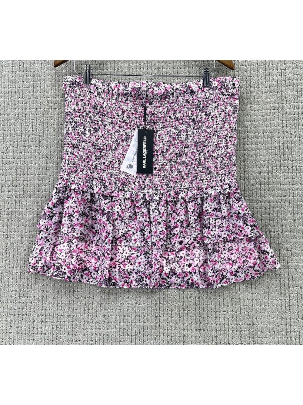 Karl Lagerfeld Paris Mini Skirt Womens Size L Pink Pull On Smoked Floral Tiered